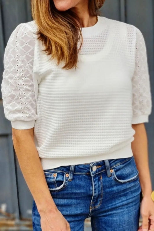 Eyelet Round Neck Half Sleeve Blouse - Trendsi