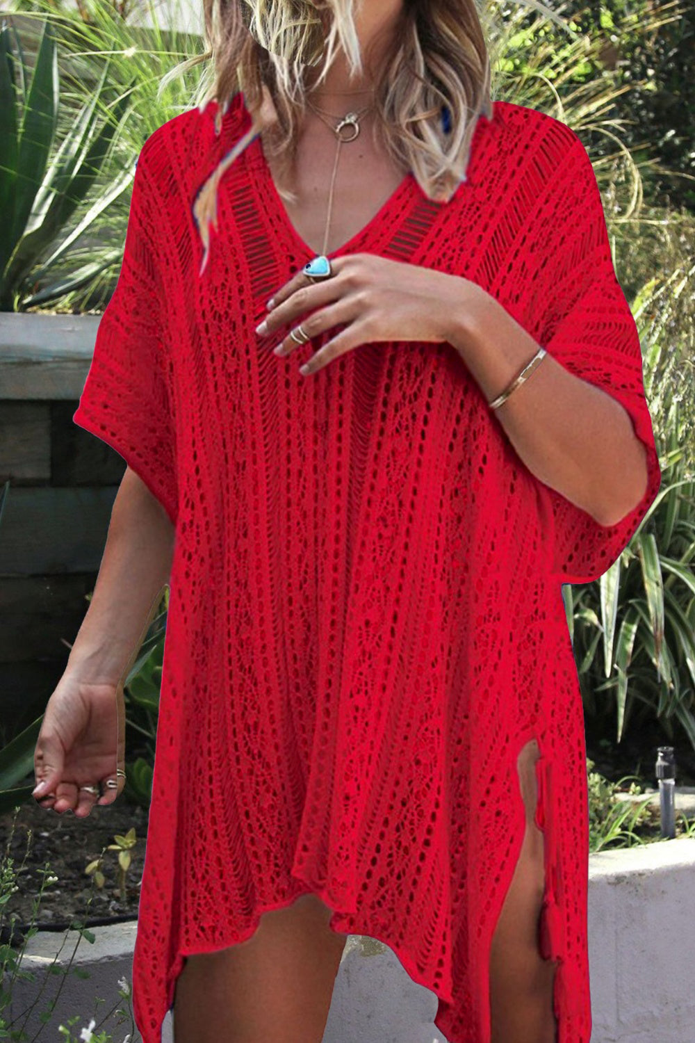 Cutout V-Neck Cover-Up with Tassel - Flyclothing LLC