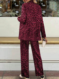 Full Size Leopard Lapel Collar Long Sleeve Blazer and Pants Set