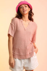 Waffle-Knit Notched Half Sleeve T-Shirt Trendsi