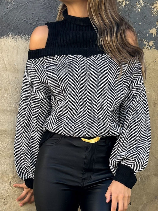 Mock Neck Cold Shoulder Sweater - Trendsi