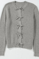 Bow Round Neck Long Sleeve Cardigan - Trendsi