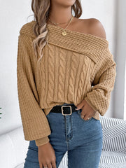 Cable-Knit One Shoulder Long Sleeve Sweater - Trendsi