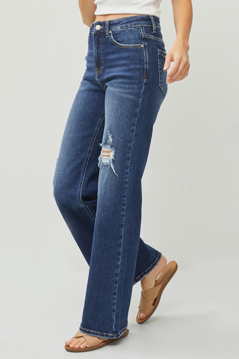 RISEN Full Size High Rise Distressed Wide Leg Jeans - Trendsi