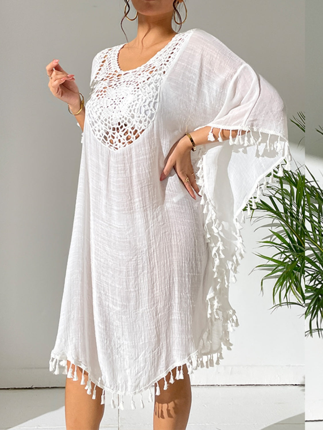 Tassel Cutout Scoop Neck Cover-Up Dress - Flyclothing LLC