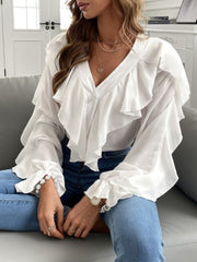 Full Size Ruffled V-Neck Button Down Flounce Sleeve Blouse - Trendsi