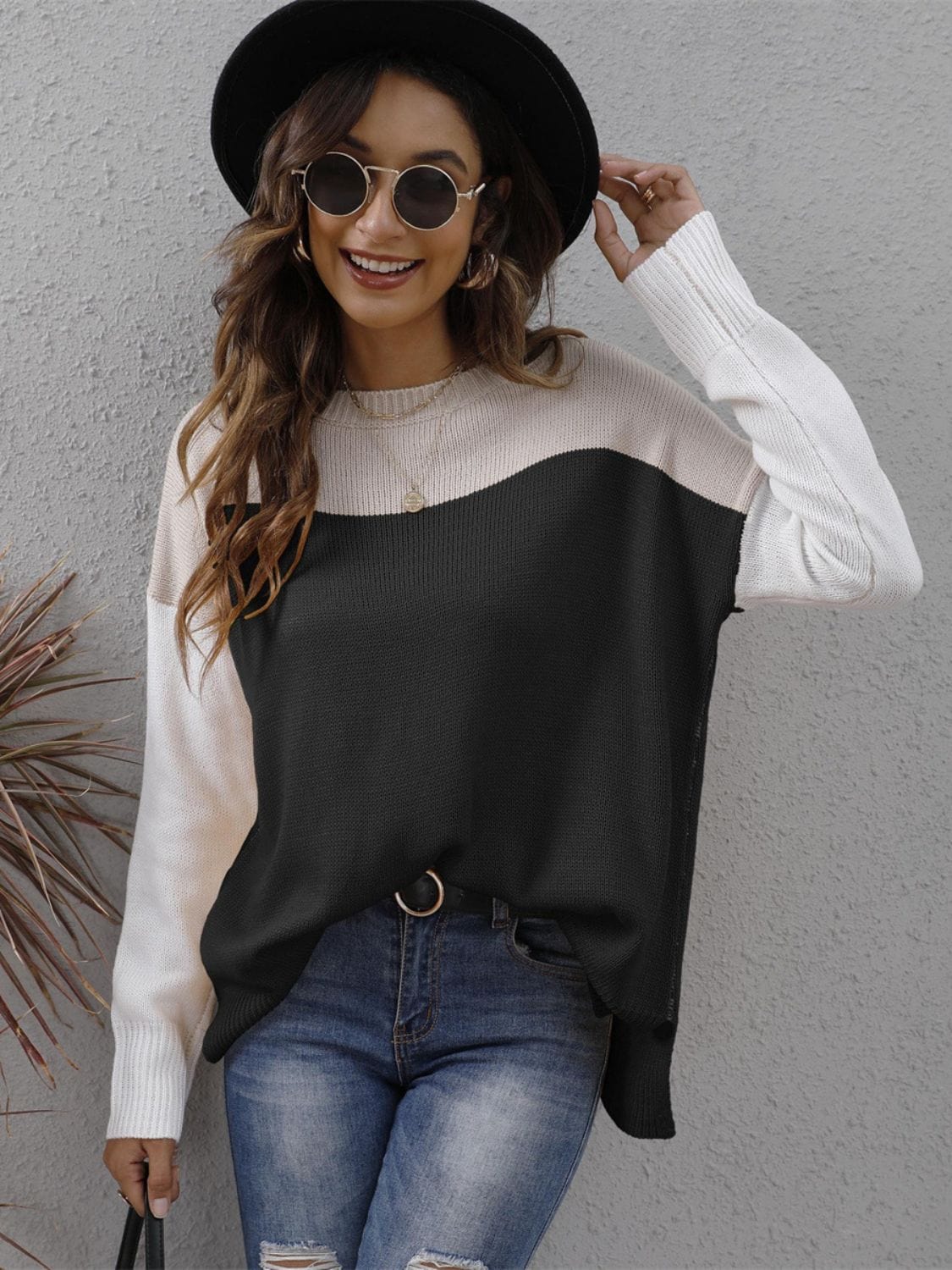 Color Block Round Neck Sweater - Trendsi