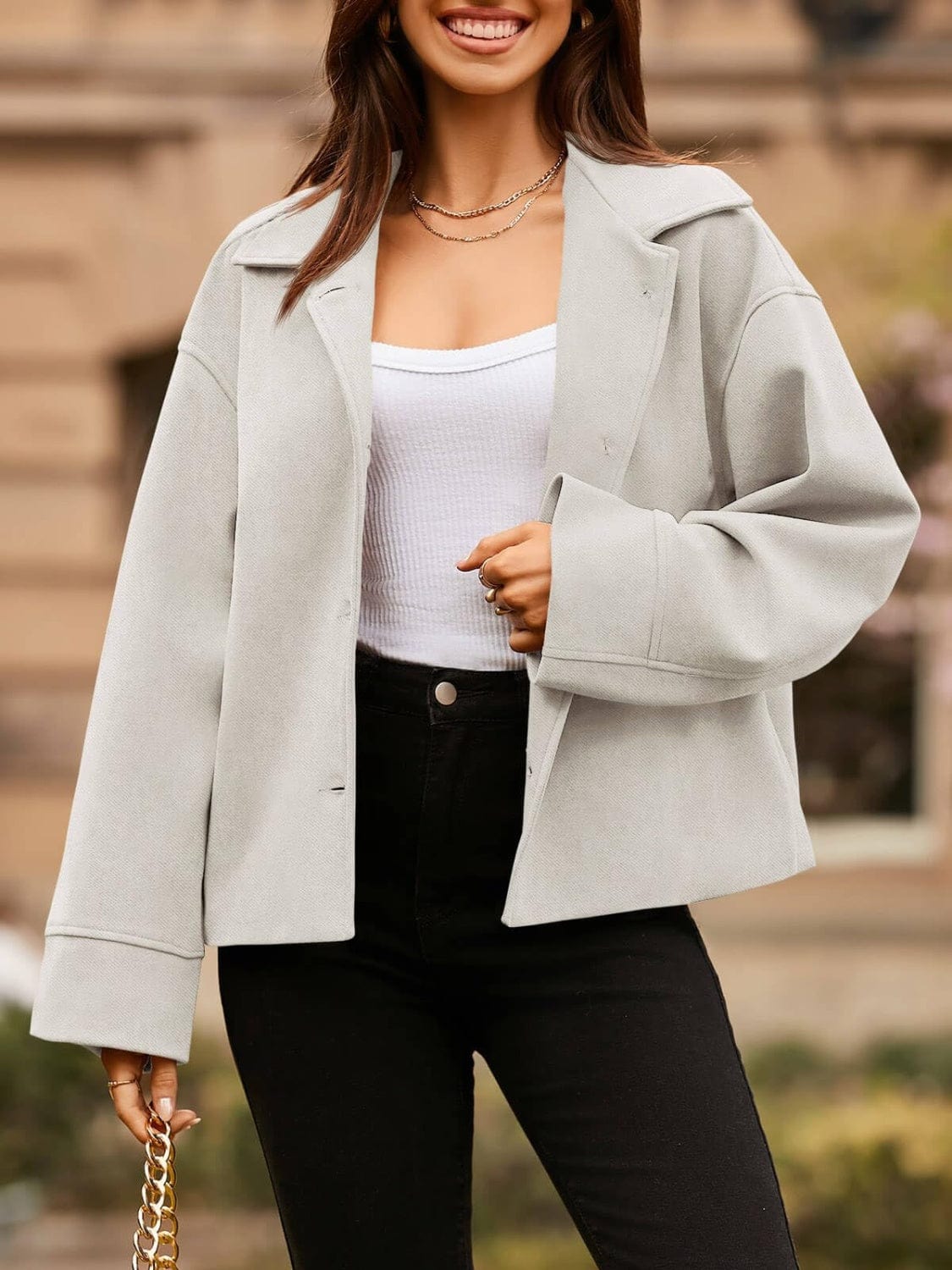 Collared Neck Dropped Shoulder Jacket - Trendsi