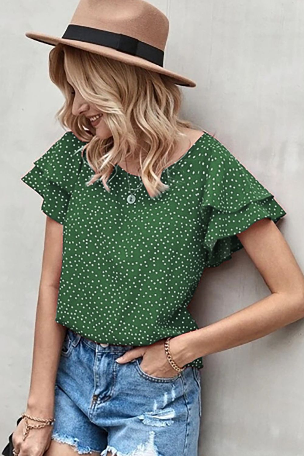 Ruffled Polka Dot Round Neck Short Sleeve Blouse - Flyclothing LLC