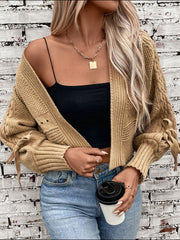 Cable-Knit Tied Open Front Lantern Sleeve Cardigan - Trendsi