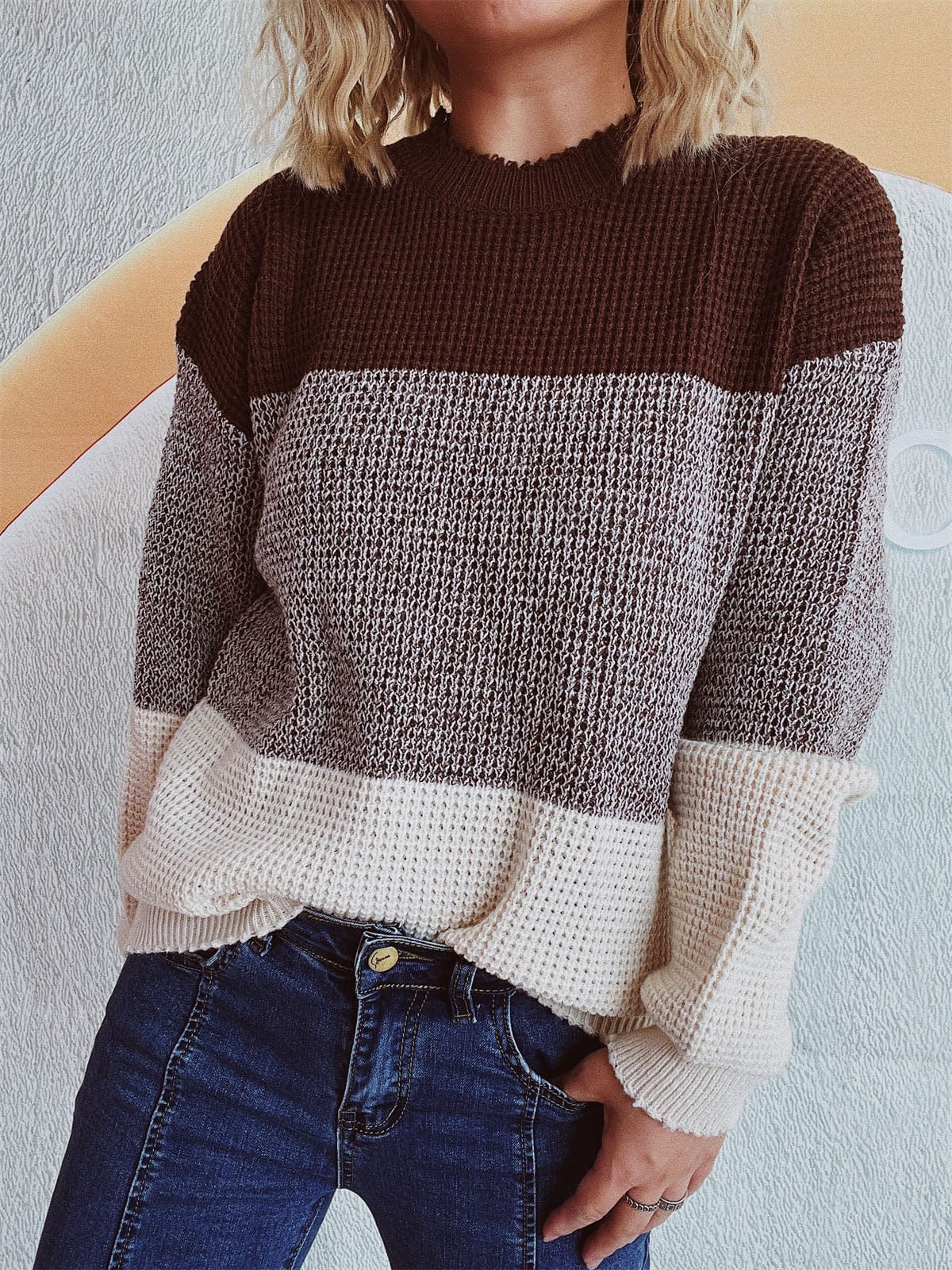 Color Block Long Sleeve Sweater - Trendsi