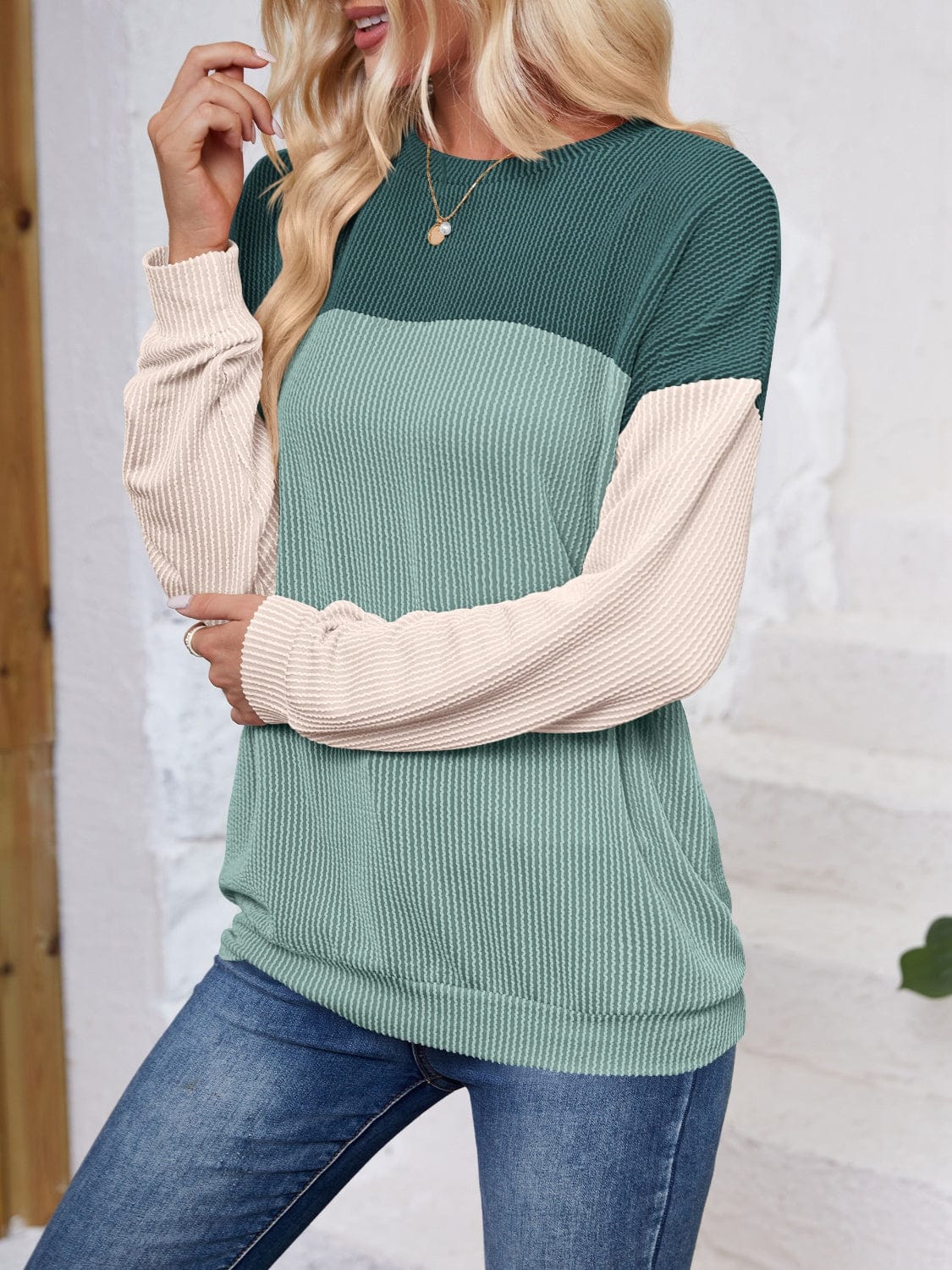 Color Block Round Neck Long Sleeve Sweatshirt - Trendsi