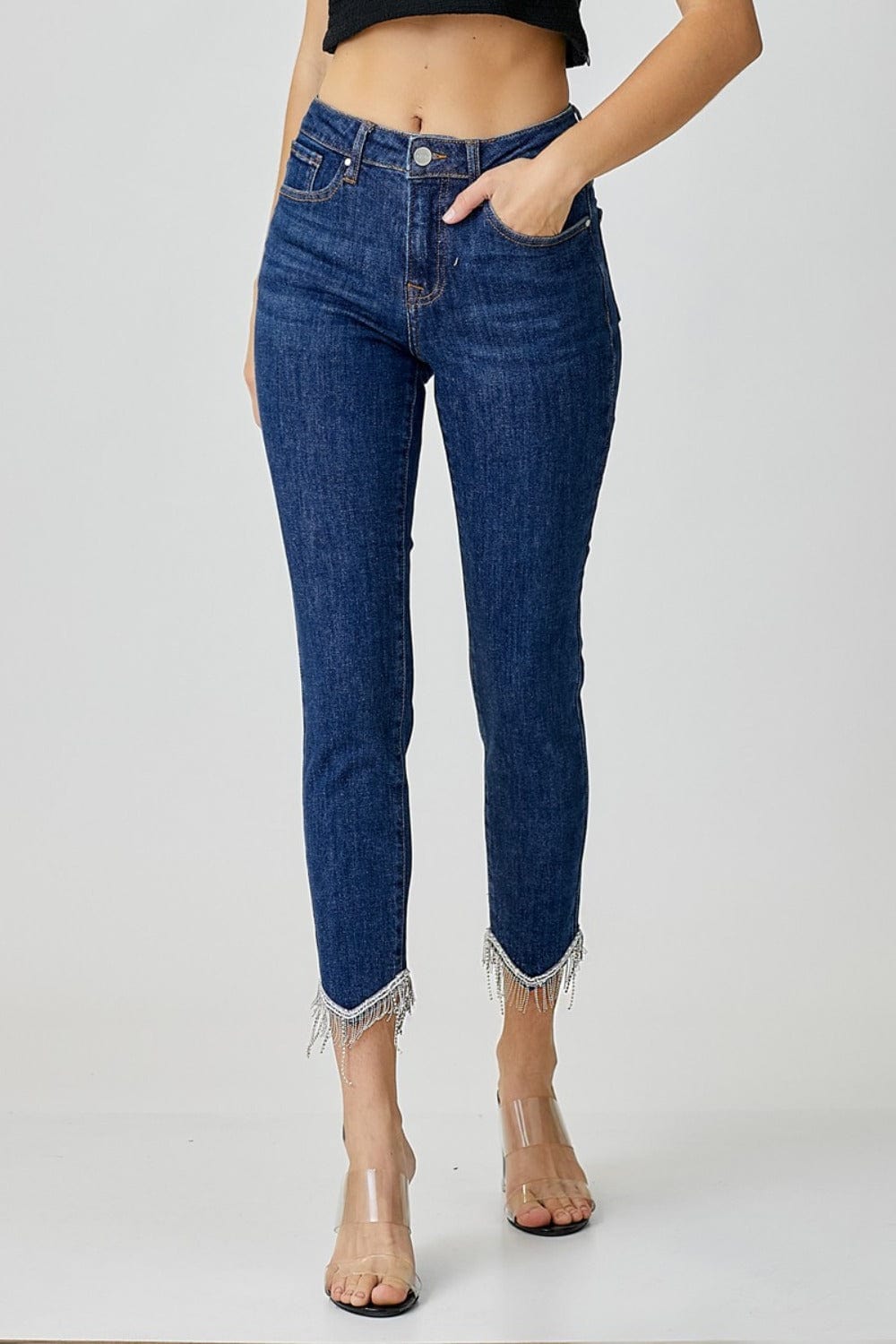 RISEN Full Size Embellished Mid Rise Crop Skinny Jeans - Trendsi