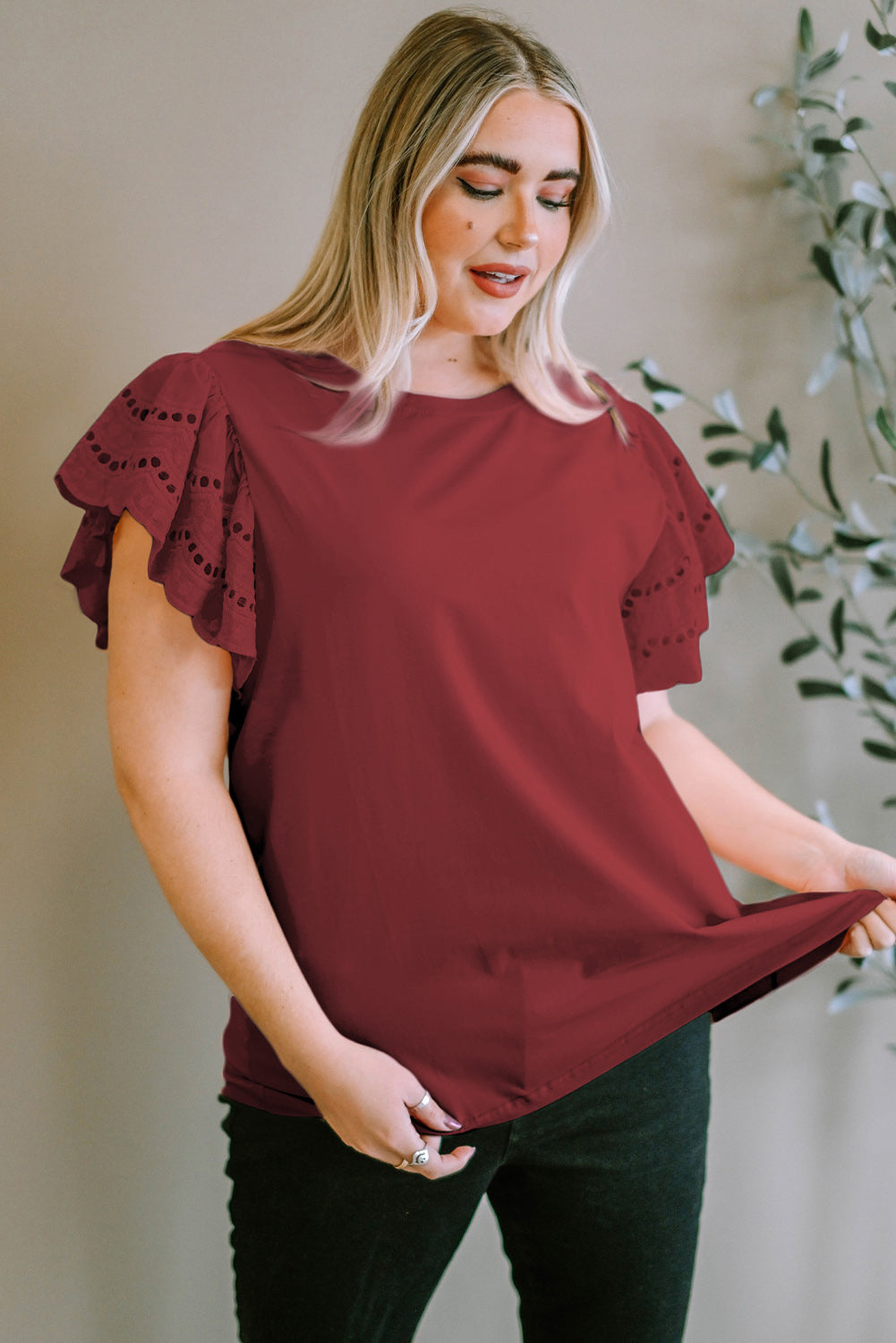 Plus Size Eyelet Round Neck Short Sleeve Blouse - Flyclothing LLC