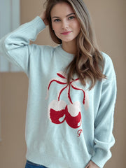 Cherry Round Neck Long Sleeve Sweater - Trendsi