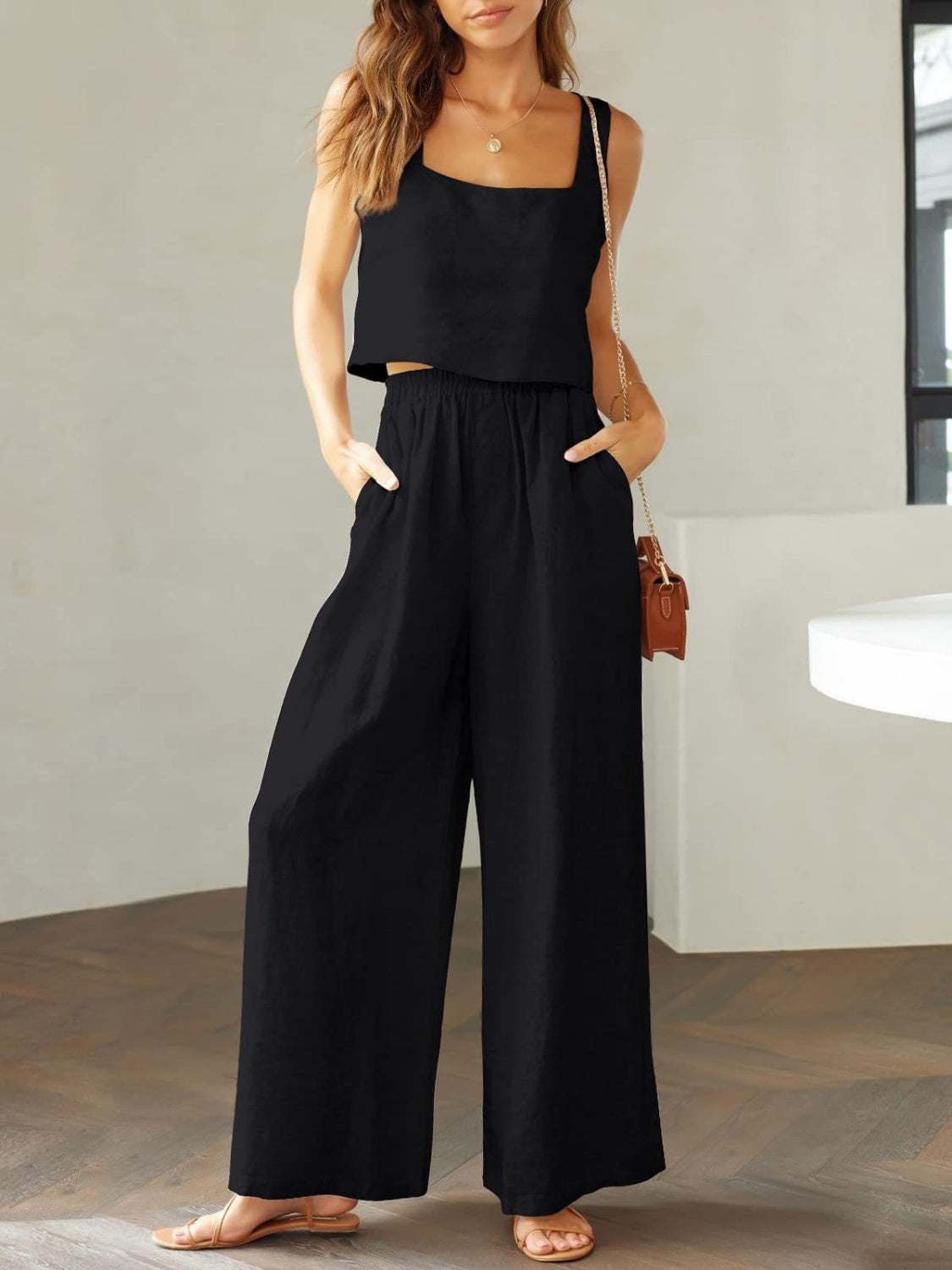 Square Neck Top and Wide Leg Pants Set - Flyclothing LLC