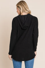 BOMBOM Contrast Drawstring Drop Shoulder Knit Hoodie - Trendsi