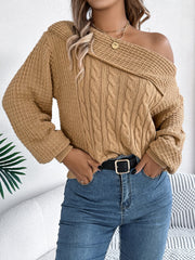 Cable-Knit One Shoulder Long Sleeve Sweater - Trendsi