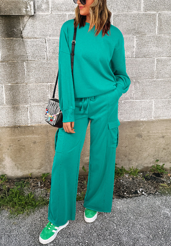 Full Size Round Neck Long Sleeve Top and Drawstring Pants Set