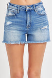 RISEN Full Size High Rise Distressed Raw Hem Denim Shorts - Trendsi