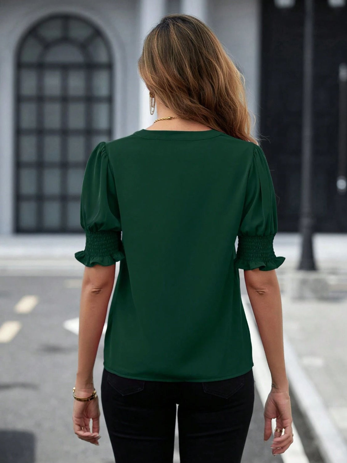 Notched Short Sleeve Blouse Trendsi