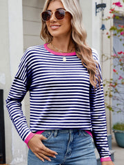 Striped Contrast Round Neck Long Sleeve Sweater