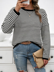 Striped Round Neck Dropped Shoulder Sweater