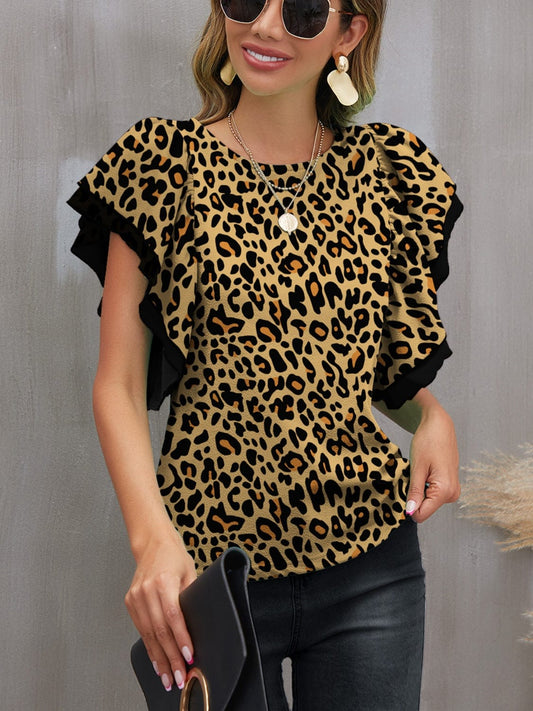 Leopard Round Neck Flounce Sleeve Blouse - Trendsi