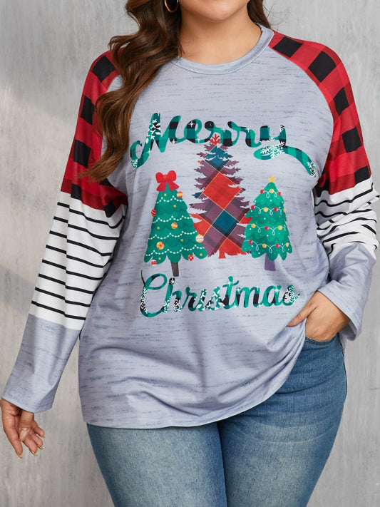 Plus Size Christmas Tree Plaid Round Neck Long Sleeve T-Shirt - Trendsi