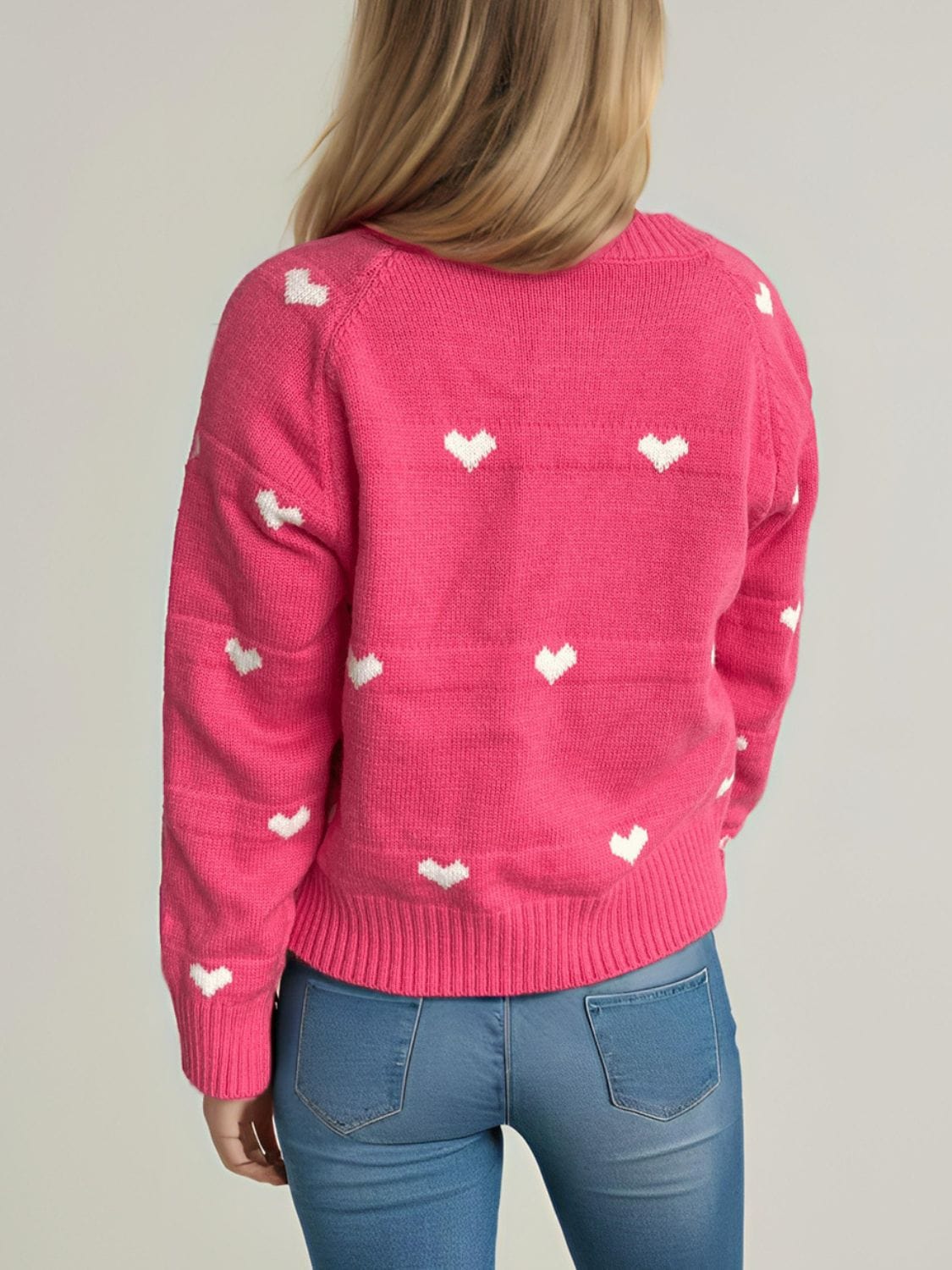 Heart Round Neck Zip Up Cardigan - Trendsi