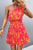 Tied Smocked Printed Single Shoulder Dress - Flyclothing LLC