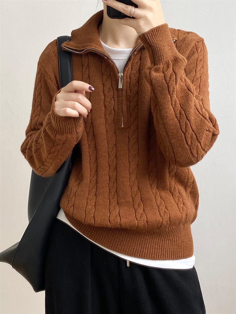 Cable-Knit Half Zip Long Sleeve Sweater - Trendsi