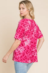 BOMBOM Leopard V-Neck Short Sleeve T-Shirt - Trendsi