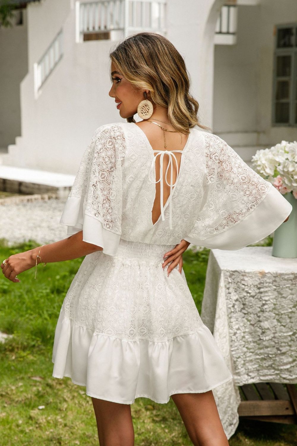 Lace Cutout Surplice Half Sleeve Dress Trendsi