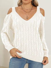 Cable-Knit V-Neck Long Sleeve Sweater - Trendsi