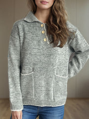 Contrast Trim Quarter Button Long Sleeve Sweater - Trendsi