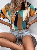 Printed V-Neck Short Sleeve Blouse - Flyclothing LLC