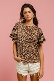 BiBi Leopard Crochet Trim Round Neck Short Sleeve Top