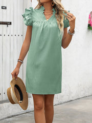 Ruffled Notched Cap Sleeve Mini Dress Trendsi