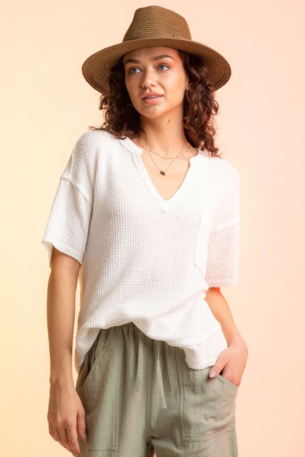 Waffle-Knit Notched Half Sleeve T-Shirt Trendsi