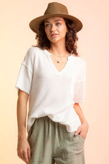 Waffle-Knit Notched Half Sleeve T-Shirt Trendsi