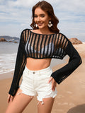 Openwork Boat Neck Long Sleeve Cover-Up - Flyclothing LLC