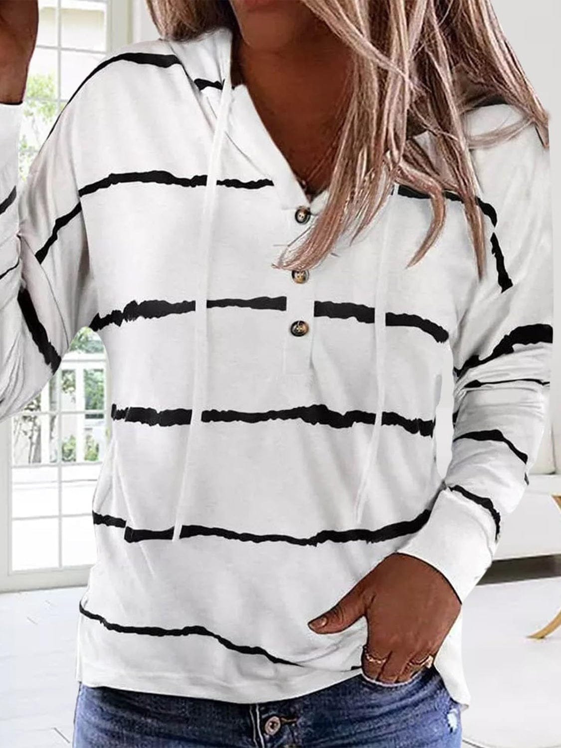 Drawstring Striped Long Sleeve Hoodie - Trendsi