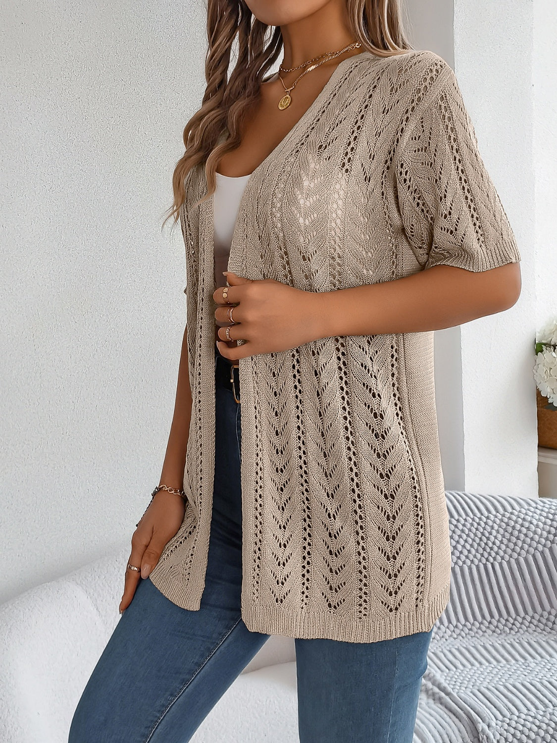 Openwork Open Front Half Sleeve Cardigan Trendsi