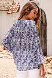 Printed Notched Balloon Sleeve Blouse - Flyclothing LLC