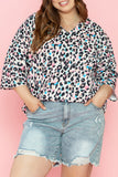 Plus Size Leopard V-Neck Three-Quarter Sleeve Blouse