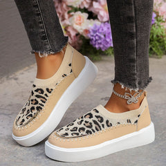 Leopard Round Toe Platform Sneakers - Trendsi