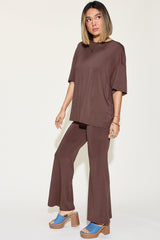 Basic Bae Full Size Bamboo Drop Shoulder T-Shirt and Flare Pants Set Trendsi