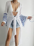 Openwork Striped Flare Sleeve Cover-Up - Flyclothing LLC