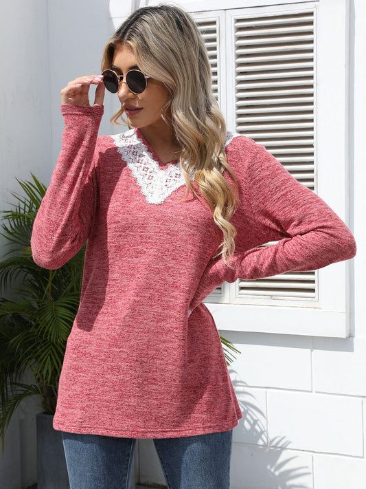 Lace Detail V-Neck Long Sleeve T-Shirt - Trendsi